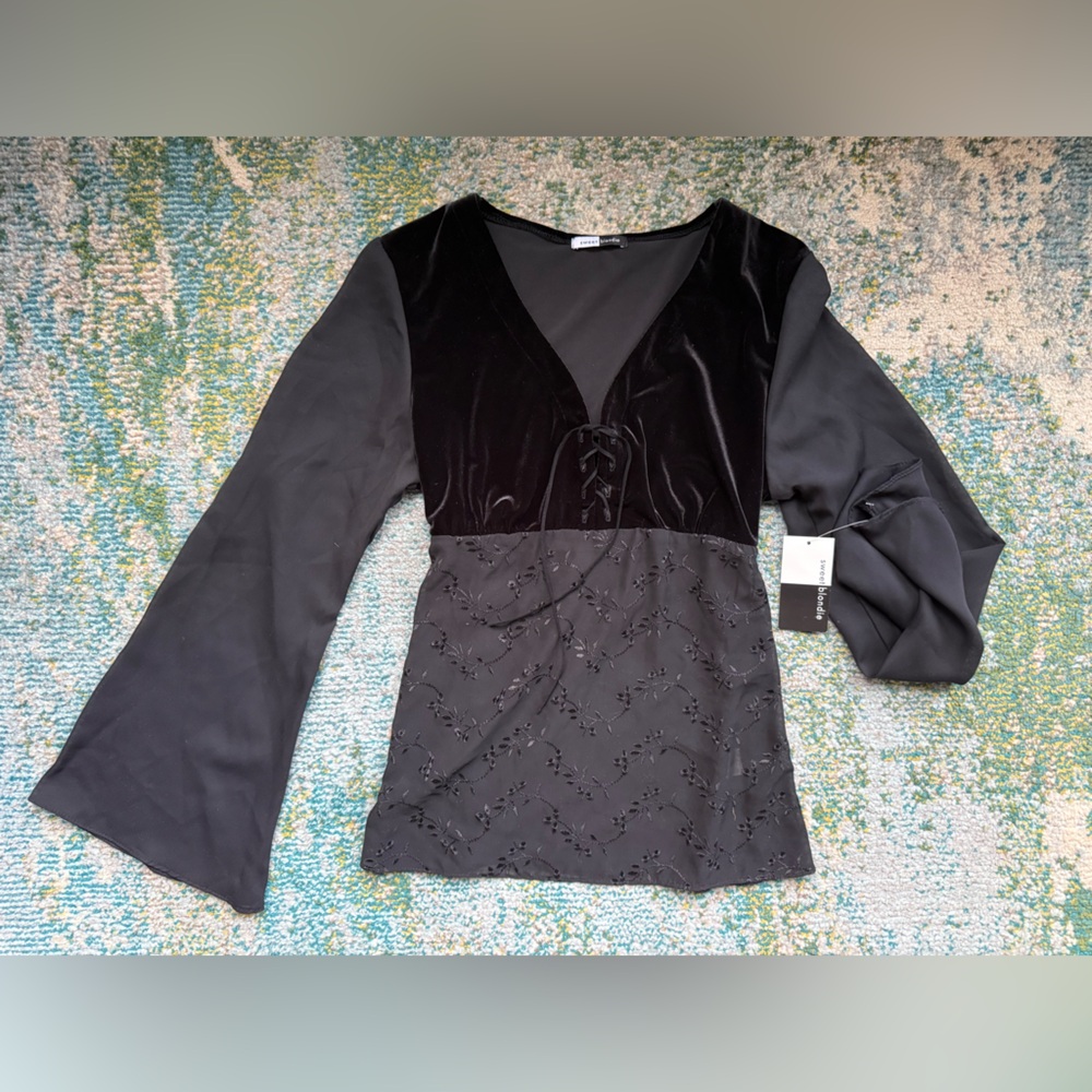 Vintage 90s NOS Sweet Blondie sheer velvet lace front boho blouse, size large